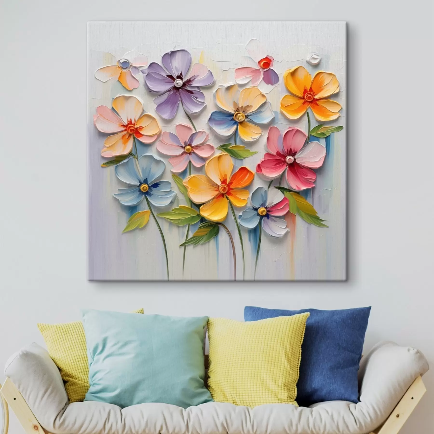 Wandbilder Blumenstillleben: mehrfarbige Blumen in Impasto-Technik s45598