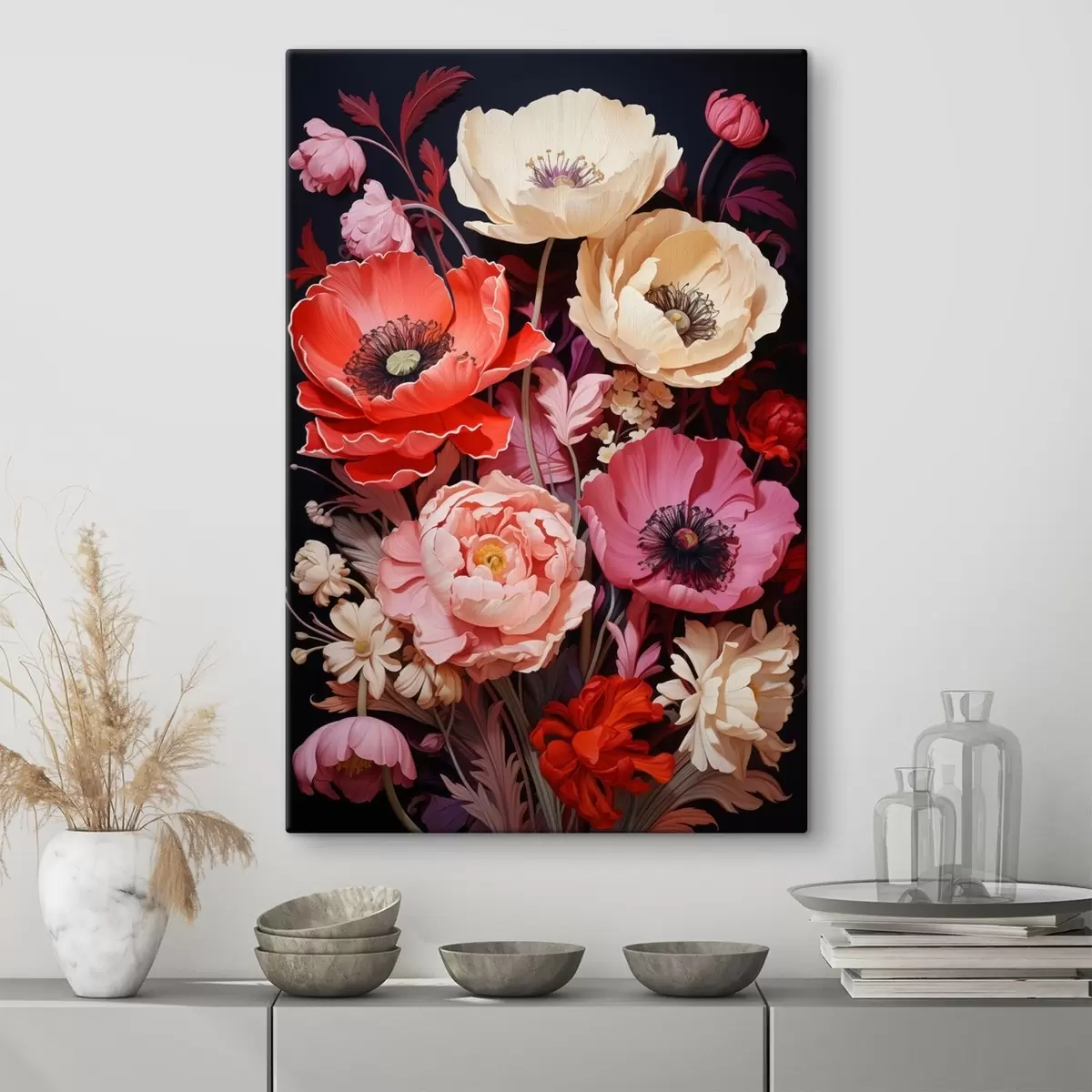 Wandbilder Blumenstrauß aus Mohnblumen in rosa und roten Farbtönen s45600