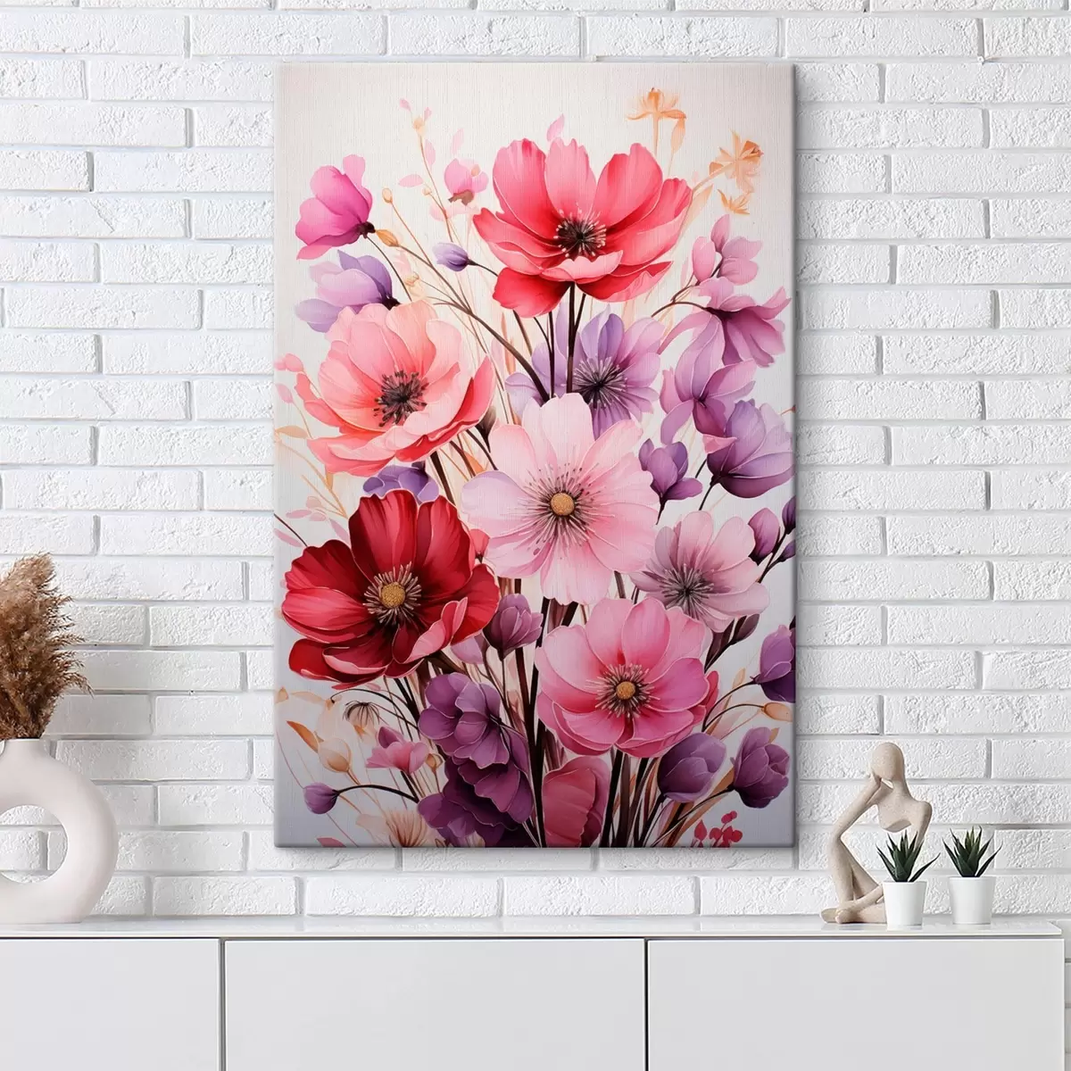Wandbilder Zarter Blumenstrauß aus rosa und lila Mohnblumen auf hellem Hintergrund, Aquarellstil s45601