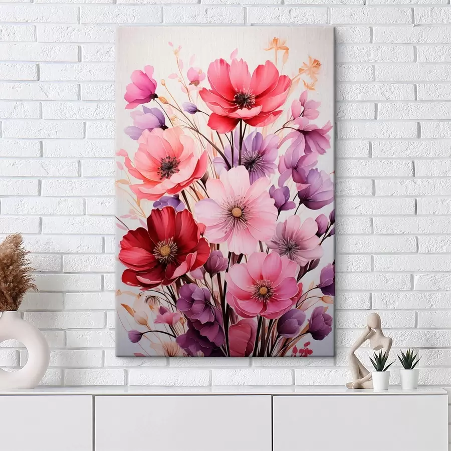 Wandbilder Zarter Blumenstrauß aus rosa und lila Mohnblumen auf hellem Hintergrund, Aquarellstil s45601