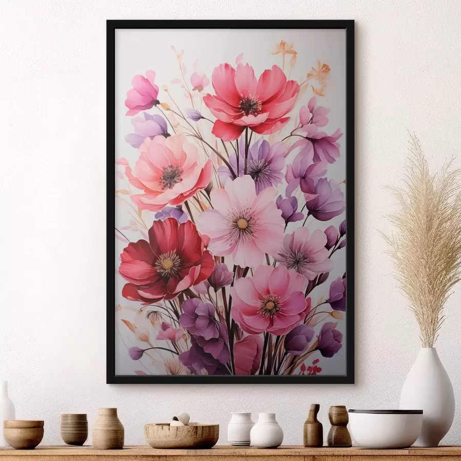 Fototapete Zarter Blumenstrauß aus rosa und lila Mohnblumen auf hellem Hintergrund, Aquarellstil f45601