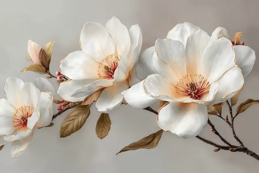 Fototapete Zarte Blumen auf einem Zweig in Pastelltönen mit orangefarbener Mitte w09299