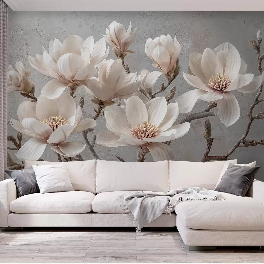 Fototapete Magnolienzweige mit großen hellen Blüten in gedeckten Tönen w09305