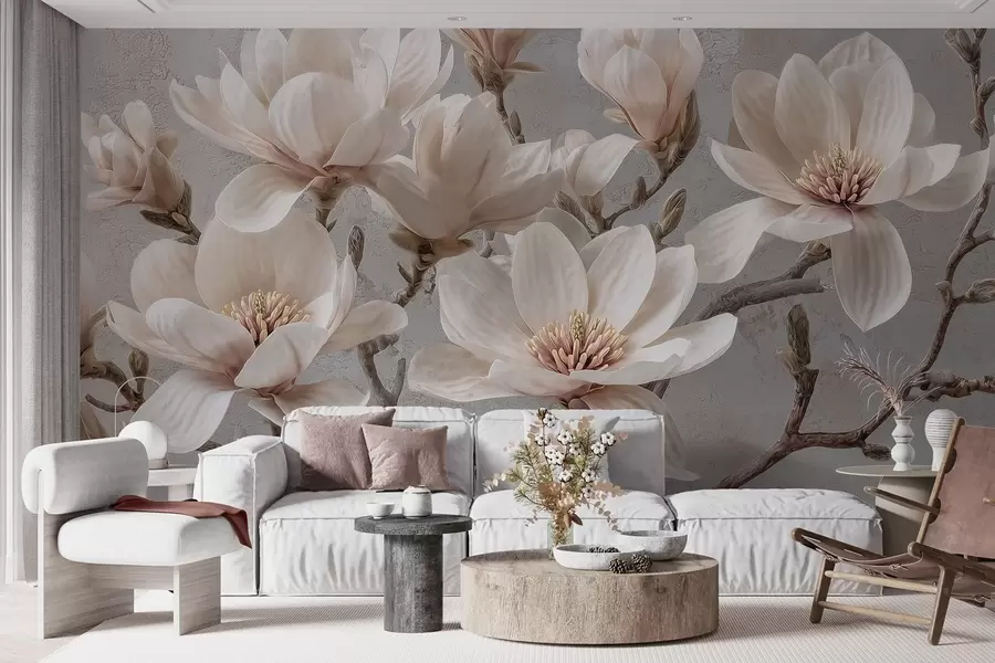 Fototapete Magnolienzweige mit großen hellen Blüten in gedeckten Tönen w09305