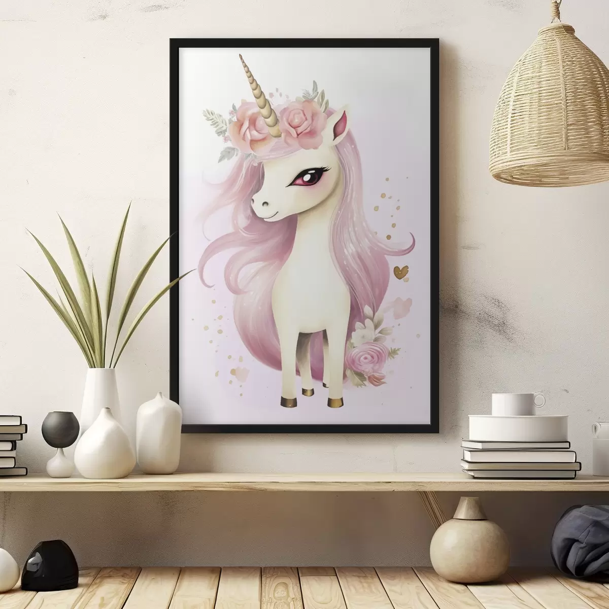 Poster Einhorn mit rosa Mähne und Blumenkranz f45484