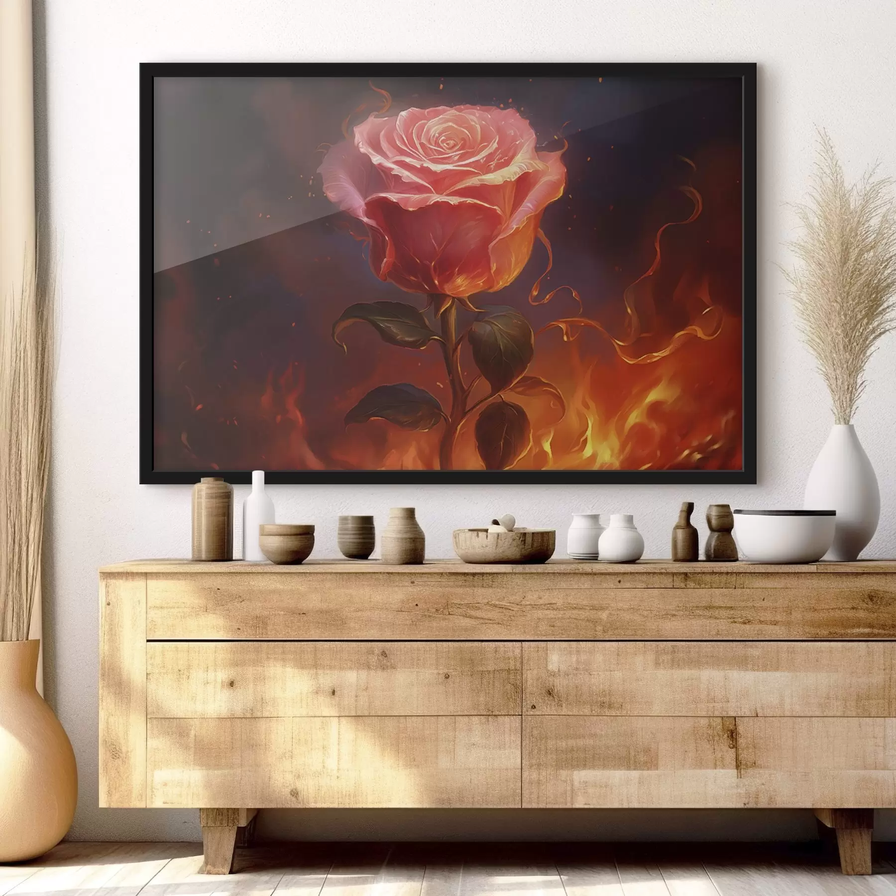 Fototapete Rote Rose zwischen Feuer und Funken f45523
