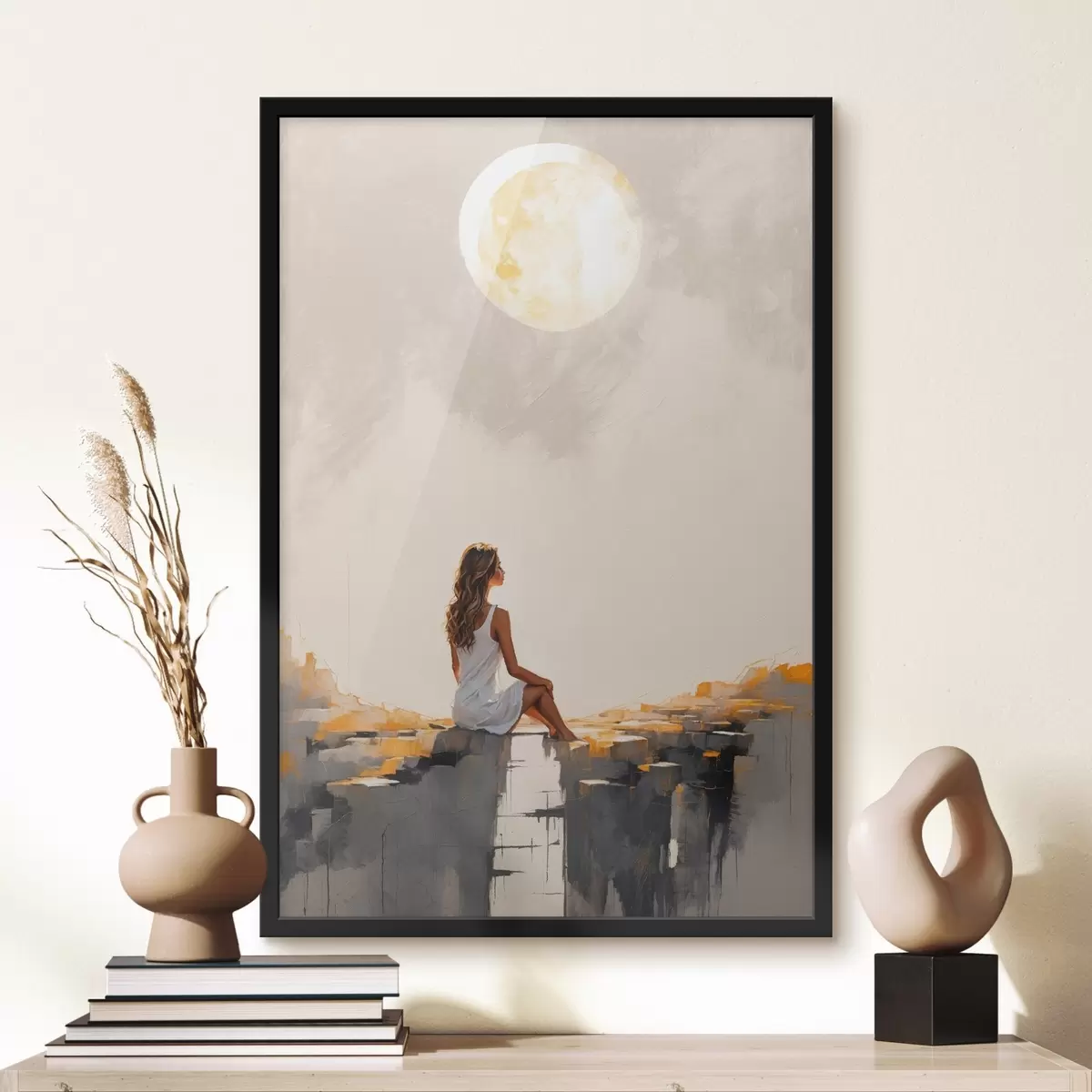 Poster Mädchen im weißen Kleid sitzt unter einem großen Mond f45621