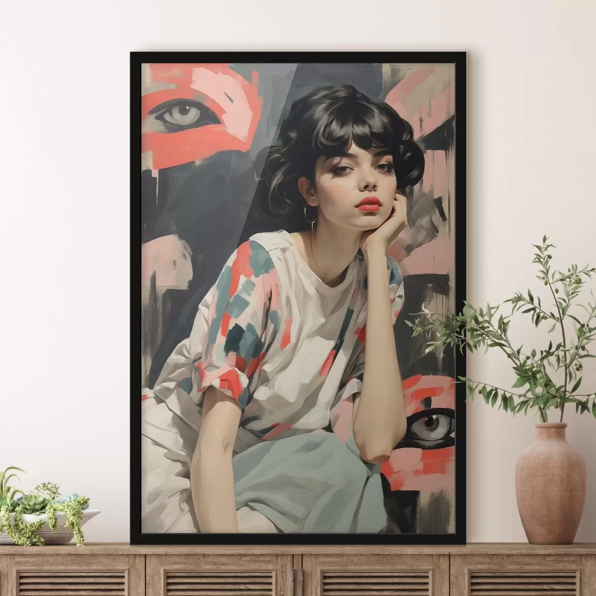 Poster Porträt eines Mädchens vor einem Hintergrund mit Augen und abstrakten Strichen f45623