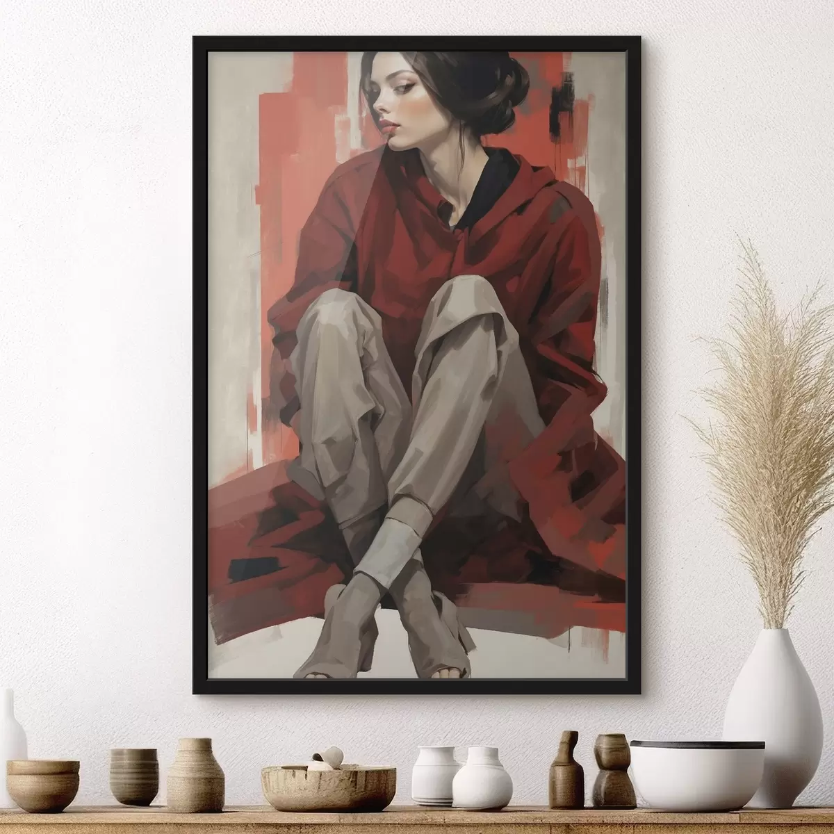 Poster Mädchen in rotem Mantel sitzend mit verschränkten Beinen f45624