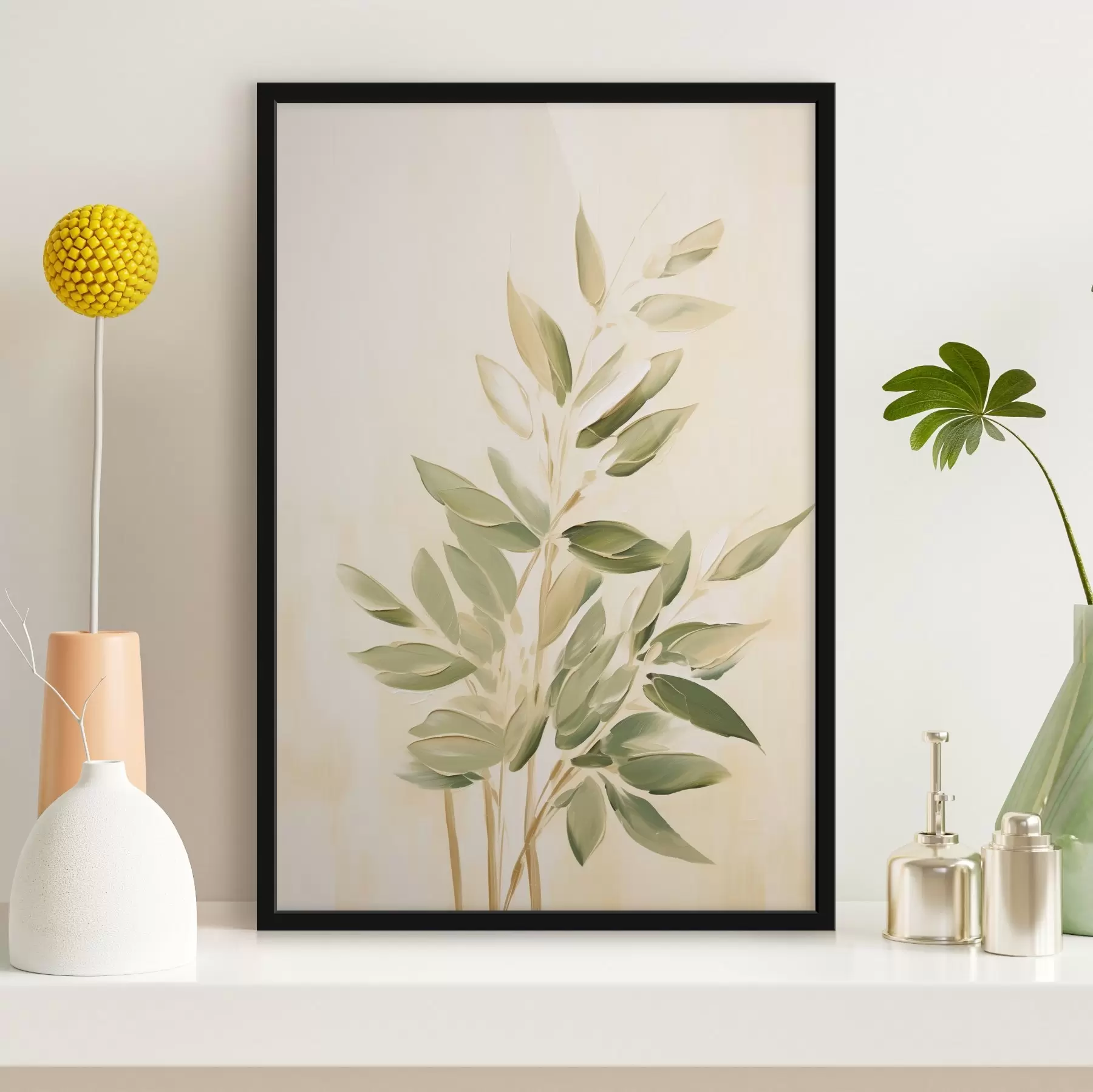 Fototapete Zweig mit grünen Blättern auf einem hellbeigen Hintergrund f45689