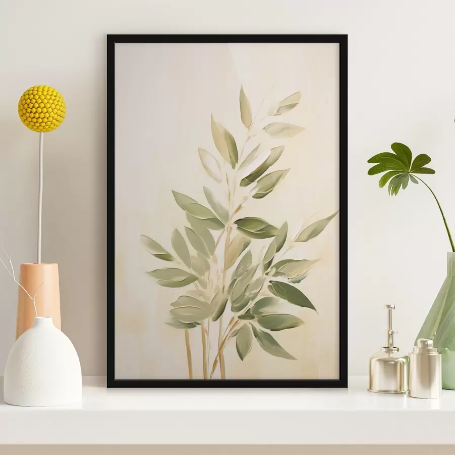 Fototapete Zweig mit grünen Blättern auf einem hellbeigen Hintergrund f45689