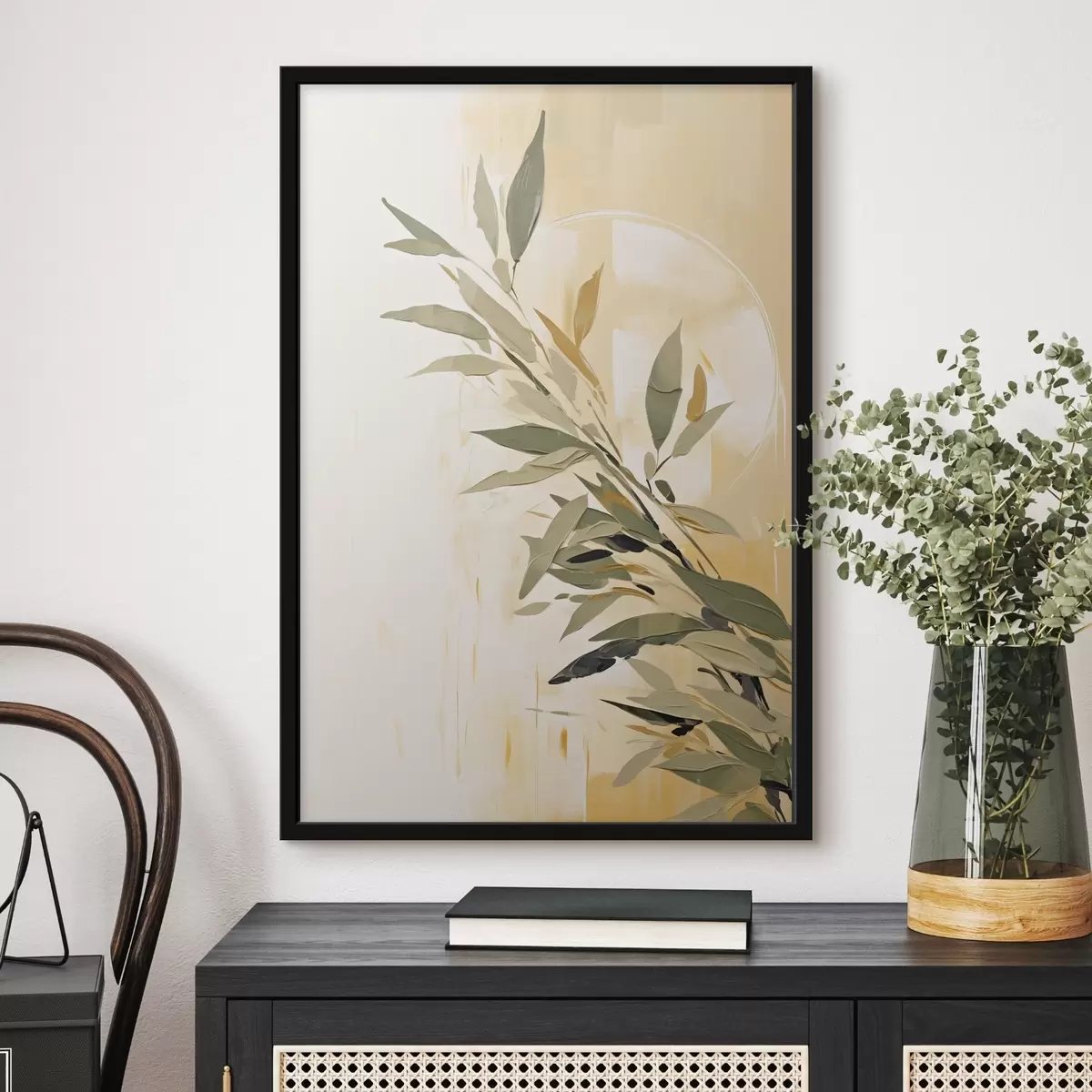 Poster Botanischer Zweig mit grünen Blättern auf einem warmen Hintergrund f45690