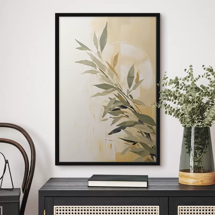 Fototapete Botanischer Zweig mit grünen Blättern auf einem warmen Hintergrund f45690