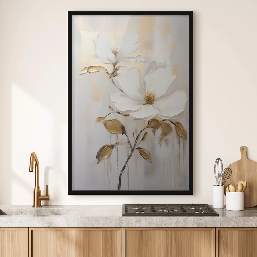 Fototapete Zwei weiße Blüten mit gelb-orangefarbenen Blättern auf hellem Hintergrund f45691