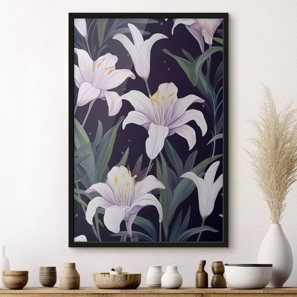 Poster Zarte Lilien auf dunklem Hintergrund mit grünen Blättern f45697