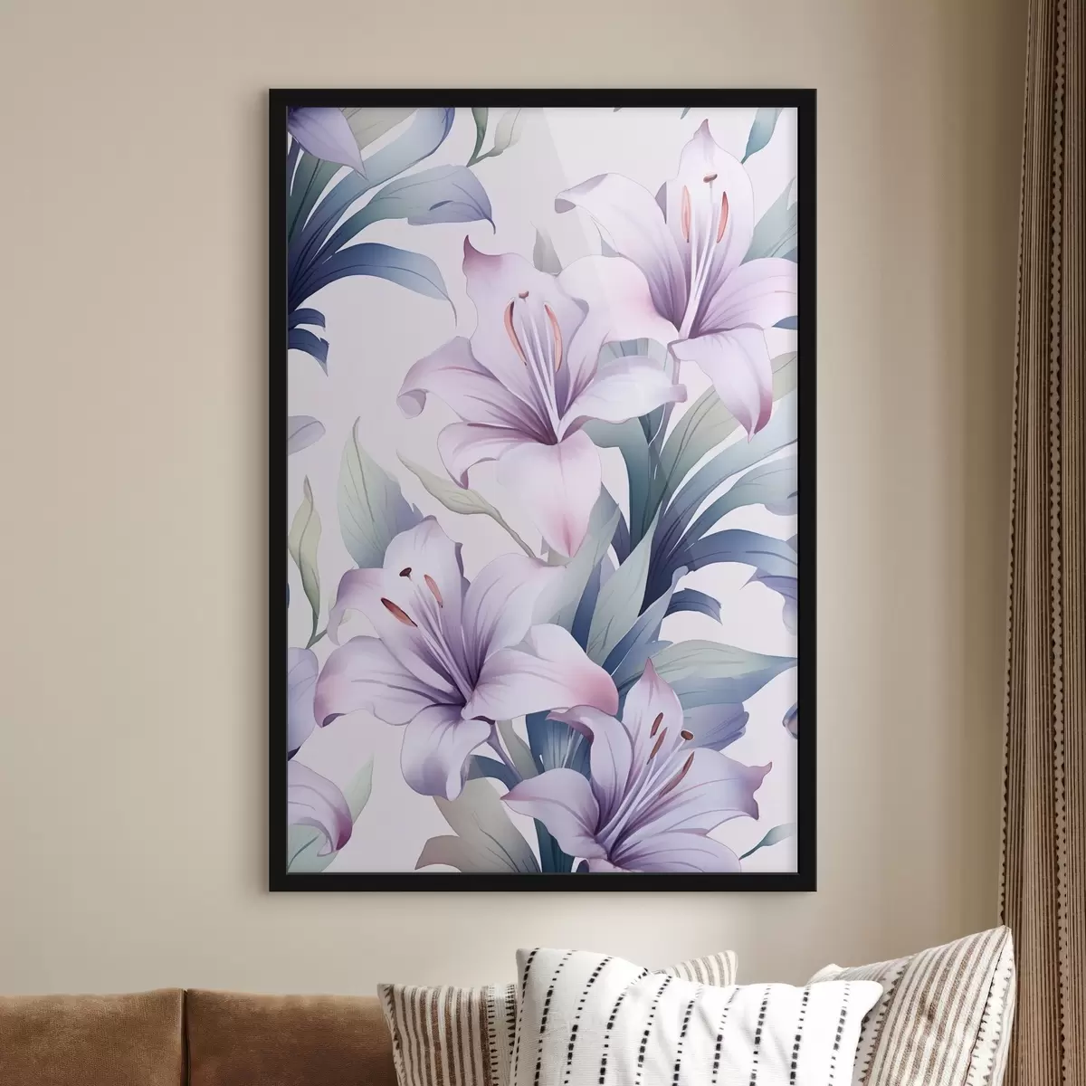 Poster Große rosa-violette Lilien mit grünen Blättern f45698