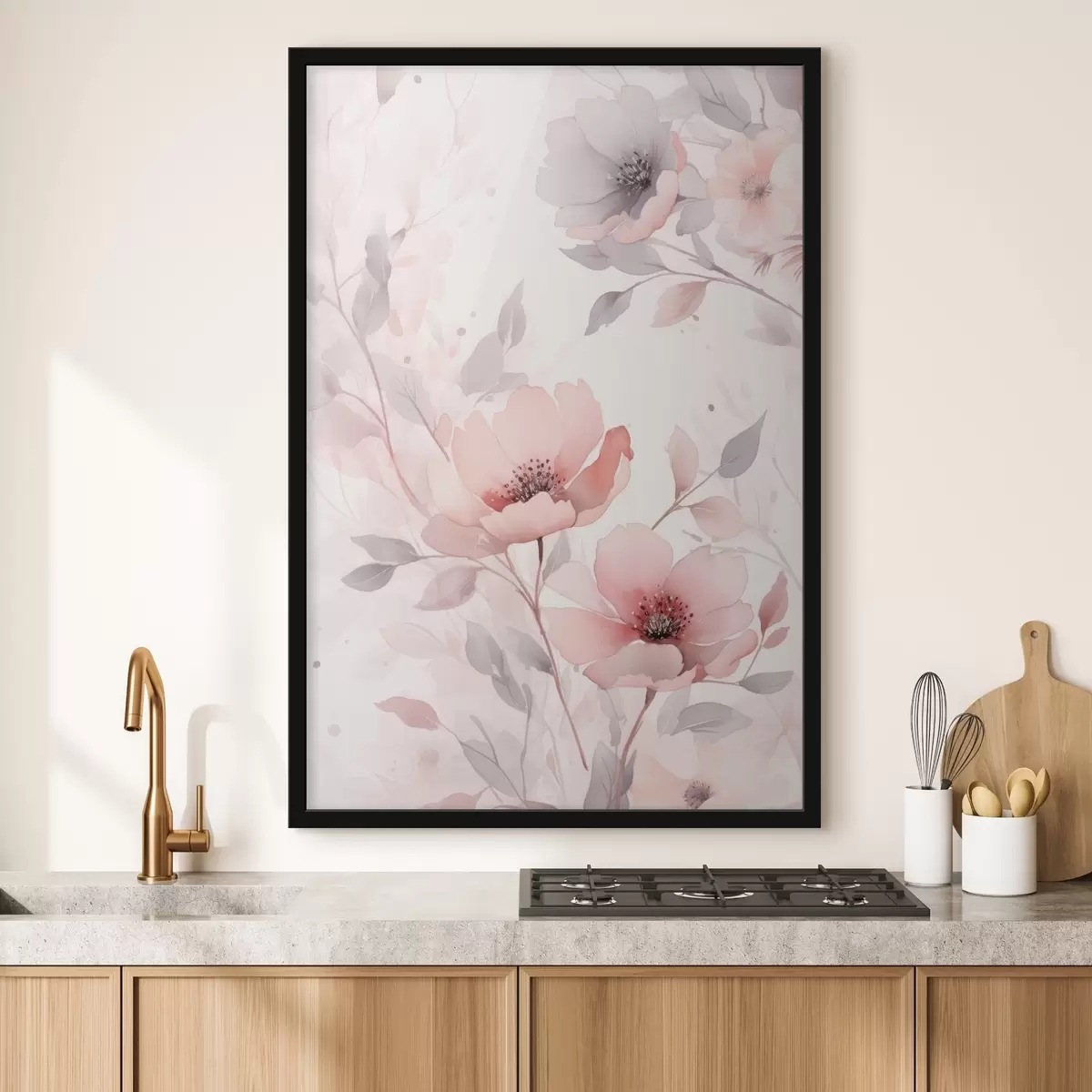 Poster Zarte rosa-graue Blumen mit Aquarelleffekt f45702