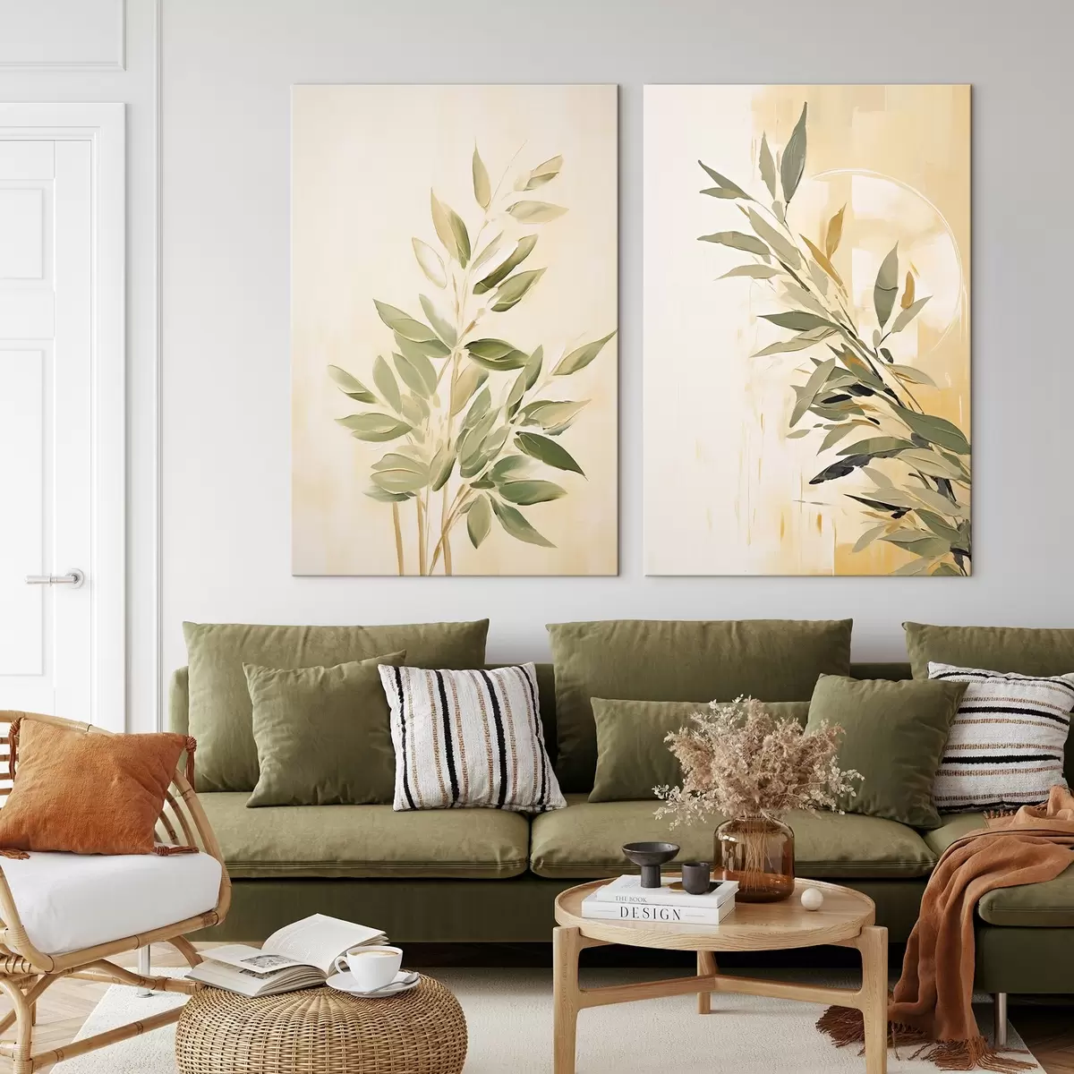 Wandbilder Botanischer Zweig mit grünen Blättern auf einem warmen Hintergrund m00686