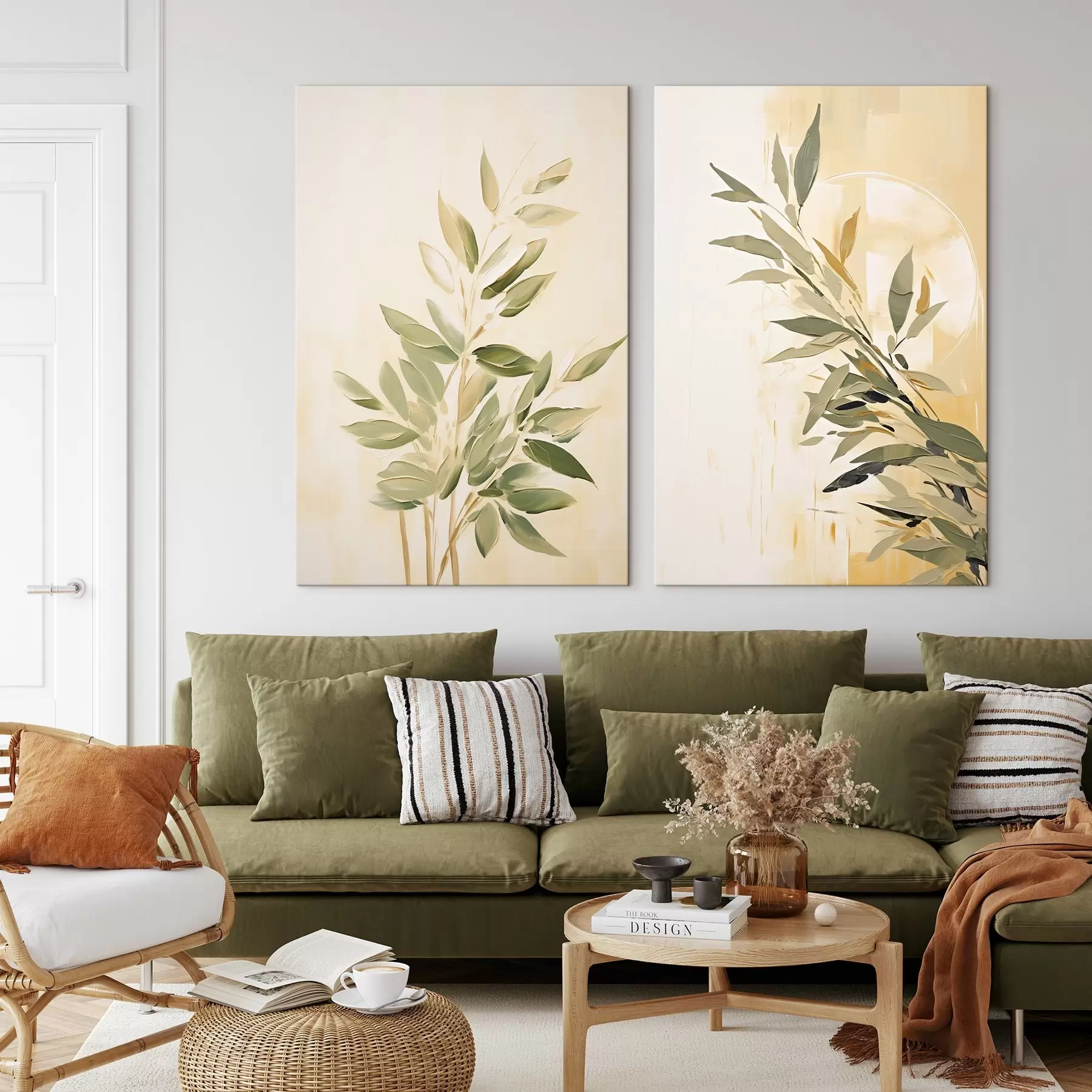 Wandbilder Botanischer Zweig mit grünen Blättern auf einem warmen Hintergrund m00686