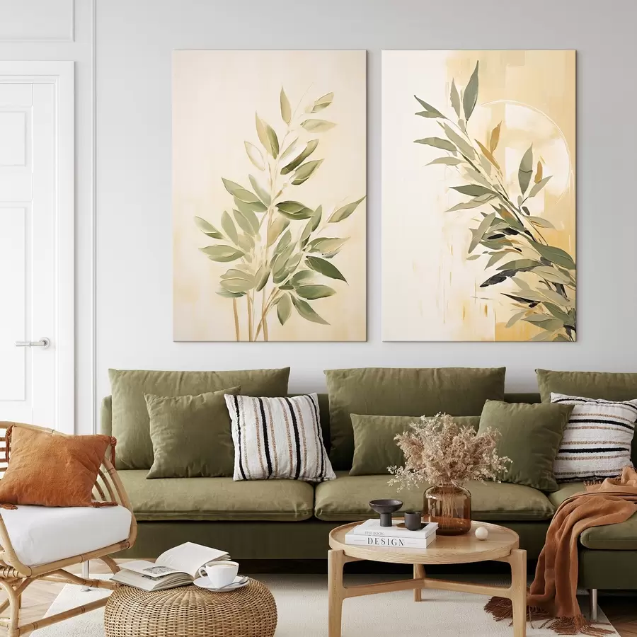 Wandbilder Botanischer Zweig mit grünen Blättern auf einem warmen Hintergrund m00686