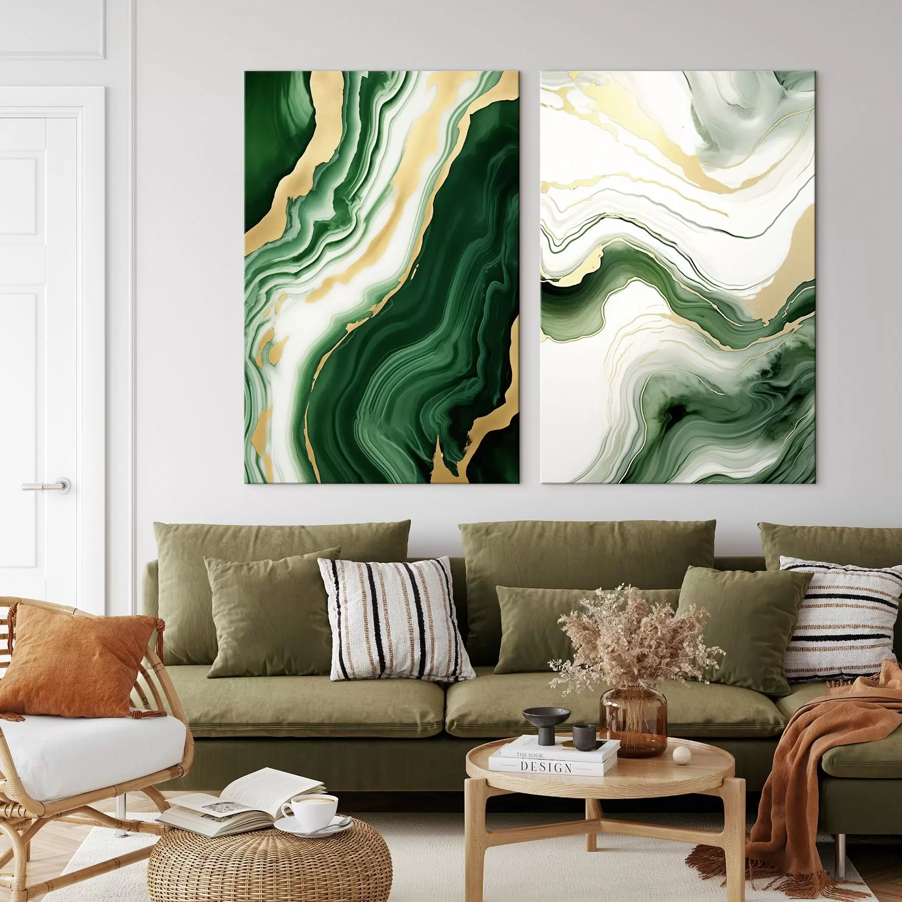 Wandbilder Grüne und weiße Marmortexturen mit orange-gelben Adern m00688