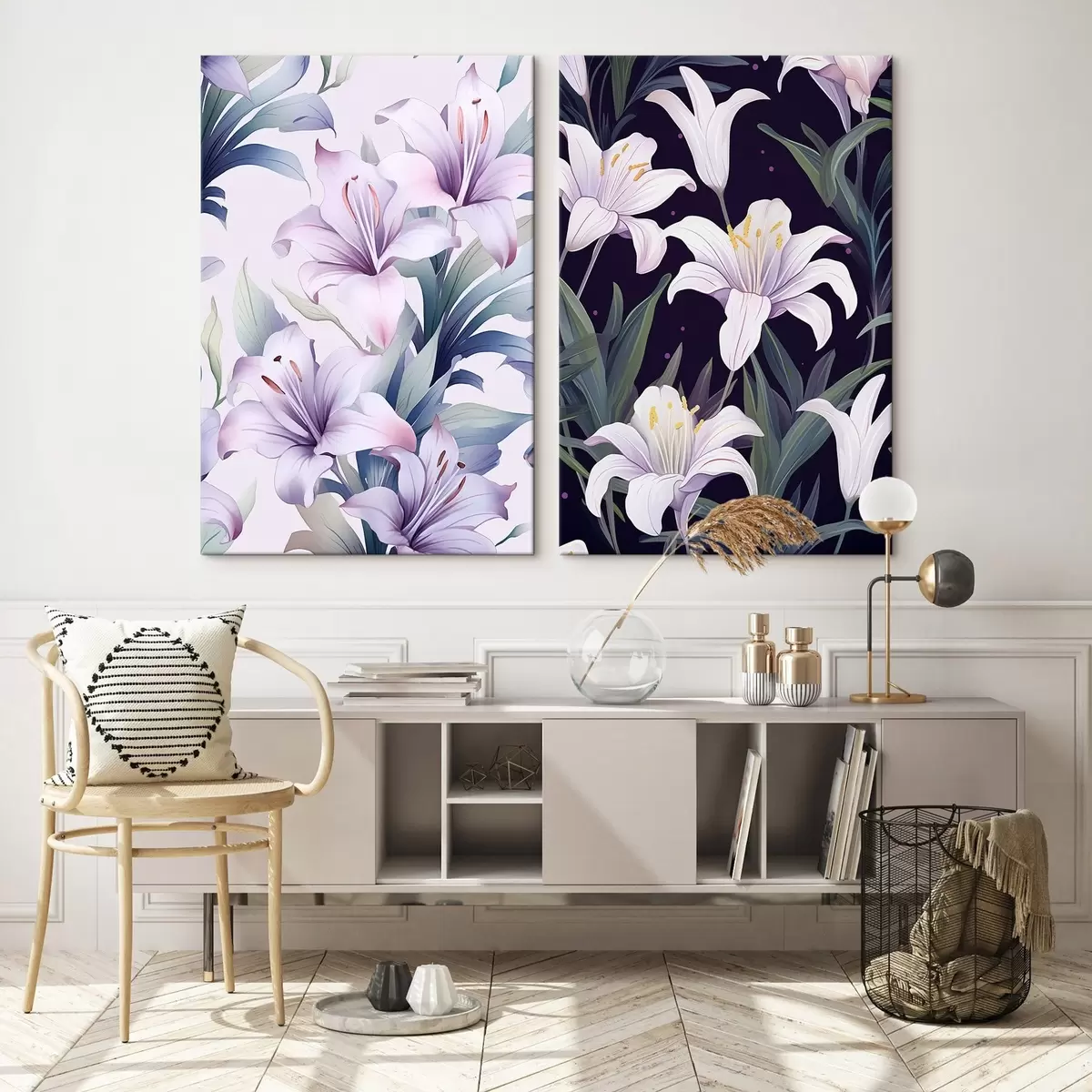 Wandbilder Zarte rosa Lilien mit grünen Blättern auf hellem und dunklem Hintergrund m00689