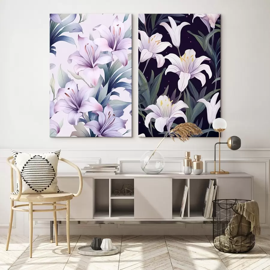 Wandbilder Zarte rosa Lilien mit grünen Blättern auf hellem und dunklem Hintergrund m00689