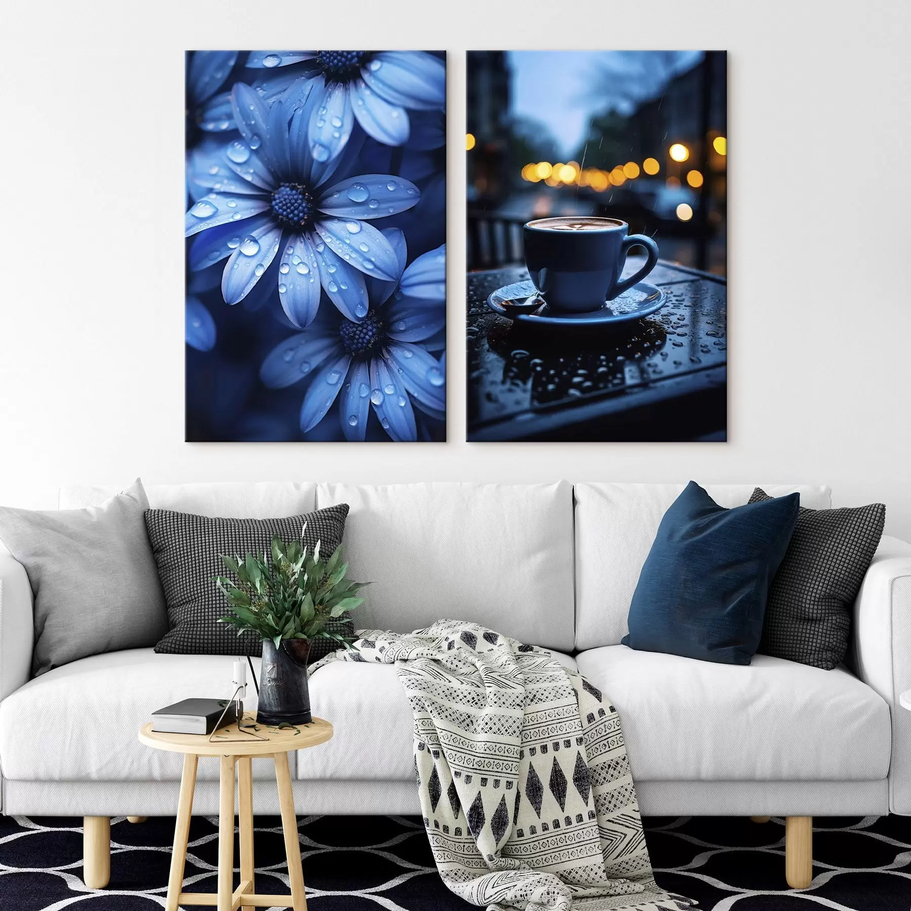 Wandbilder Blaue Blumen mit Wassertropfen und eine Tasse Kaffee im Regen m00694