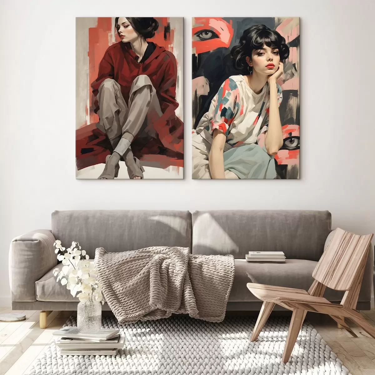 Wandbilder Porträts von Mädchen in roten und beigen abstrakten Stilen m00695