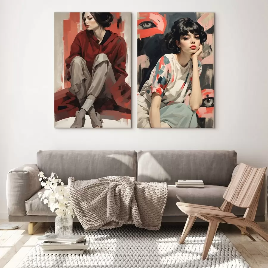 Wandbilder Porträts von Mädchen in roten und beigen abstrakten Stilen m00695