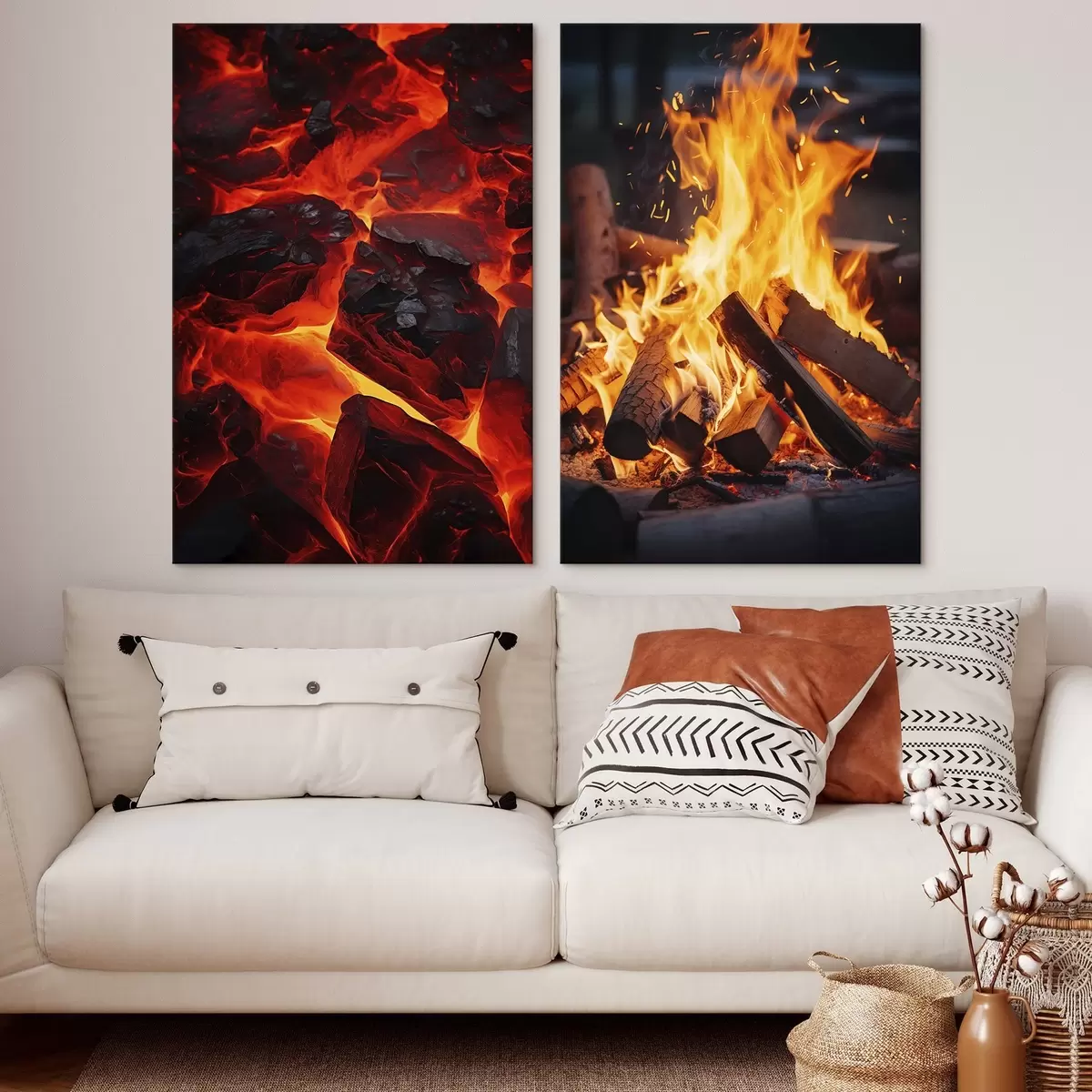 Wandbilder Brennende Kohlen und flammendes Feuer in der Dunkelheit m00696