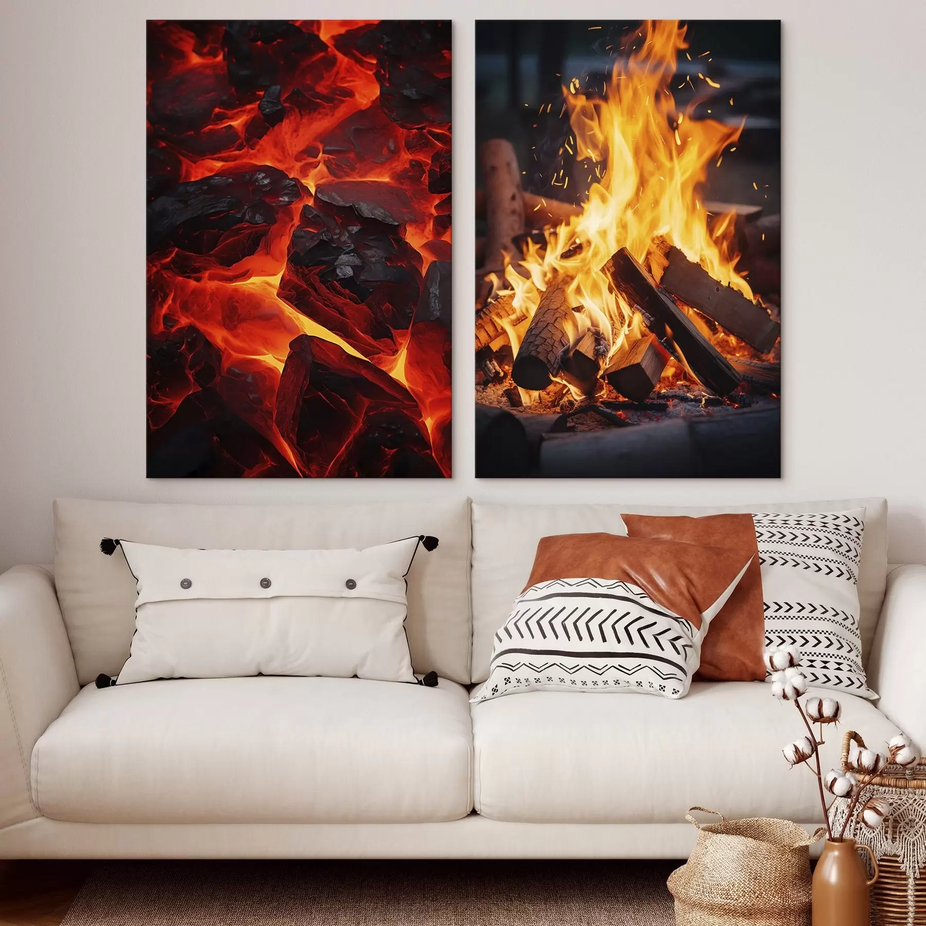 Wandbilder Brennende Kohlen und flammendes Feuer in der Dunkelheit m00696