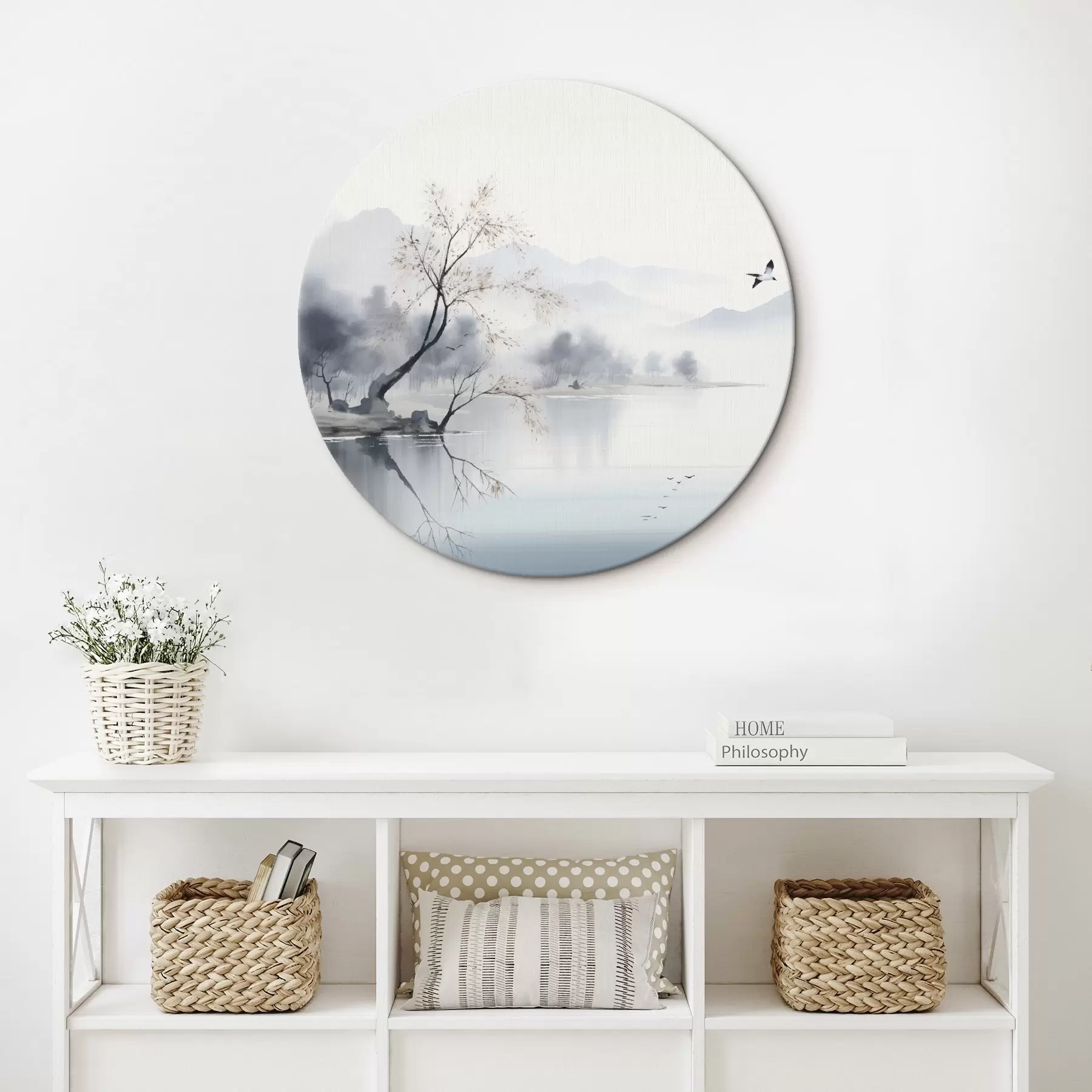 Wandbilder Neblige Landschaft mit einem Baum, Bergen und Vögeln r45518