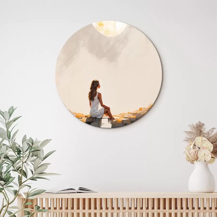 Wandbilder Mädchen im weißen Kleid sitzt unter einem großen Mond r45621