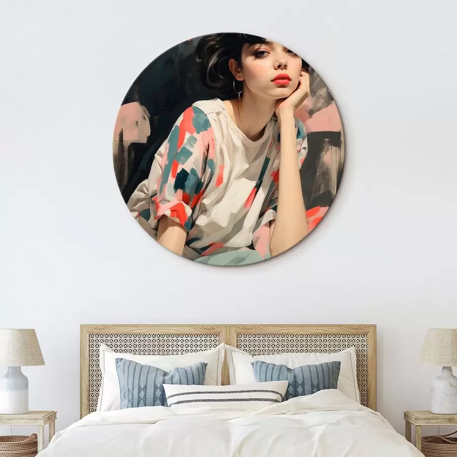 Wandbilder Porträt eines Mädchens vor einem Hintergrund mit Augen und abstrakten Strichen r45623