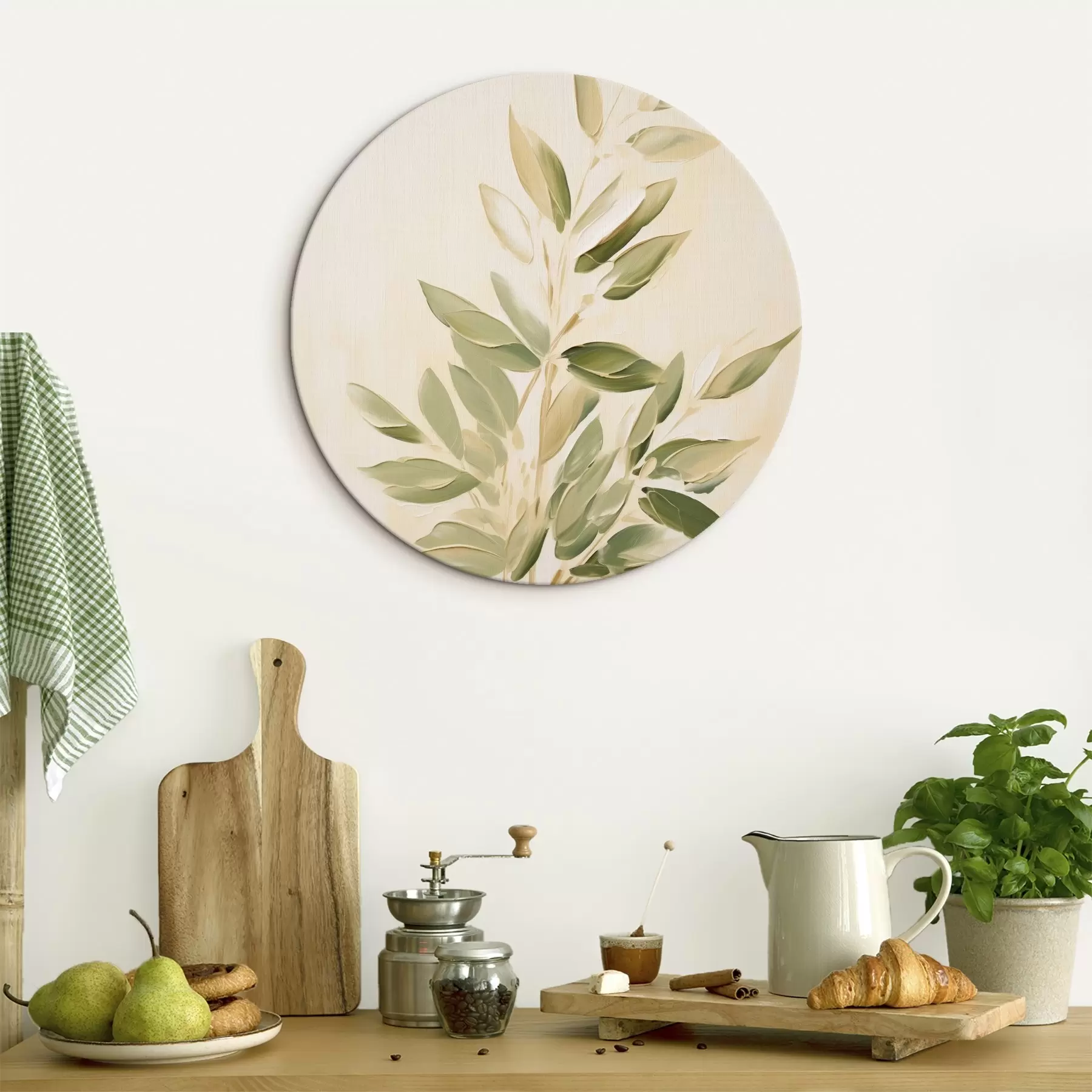 Wandbilder Zweig mit grünen Blättern auf einem hellbeigen Hintergrund r45689