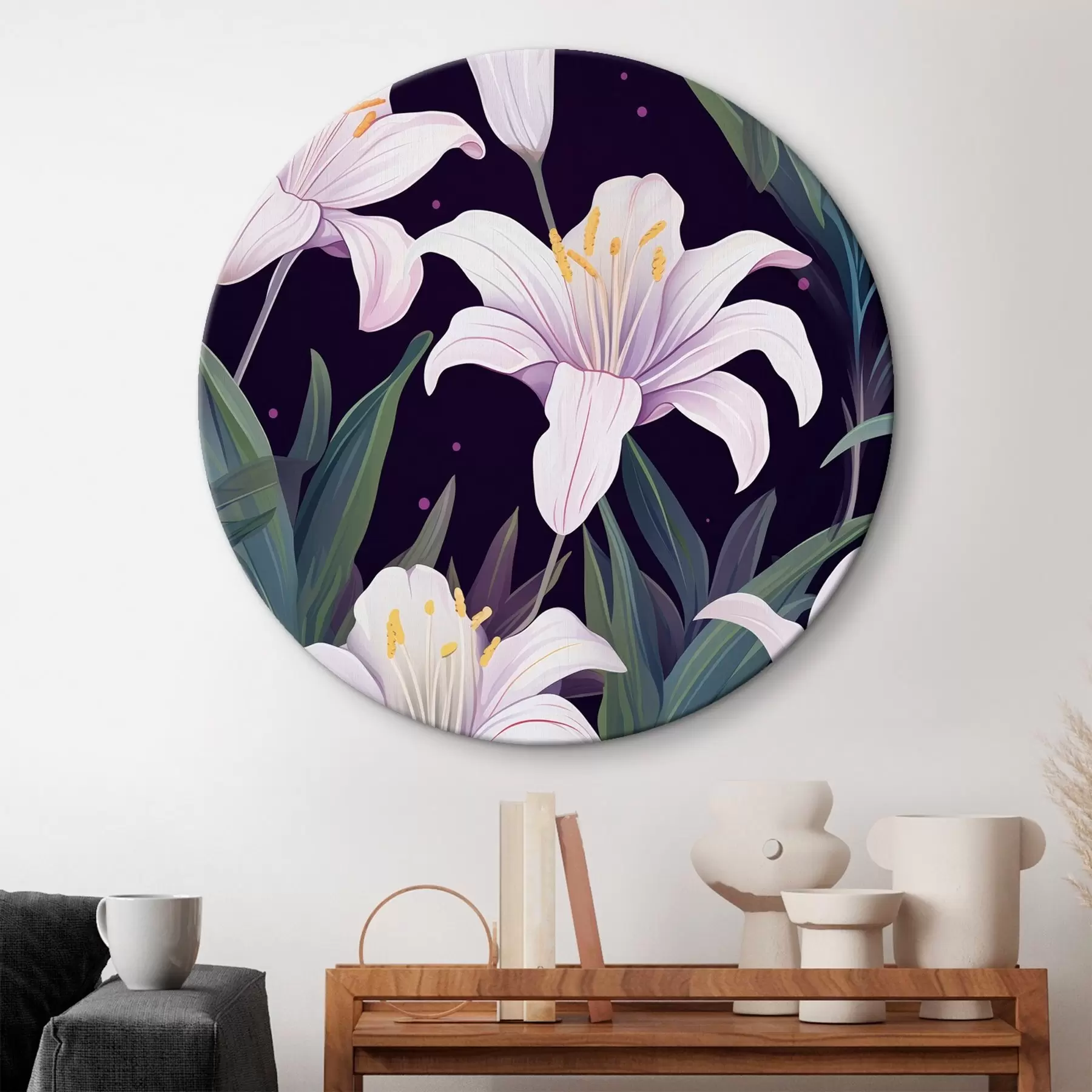 Wandbilder Zarte Lilien auf dunklem Hintergrund mit grünen Blättern r45697