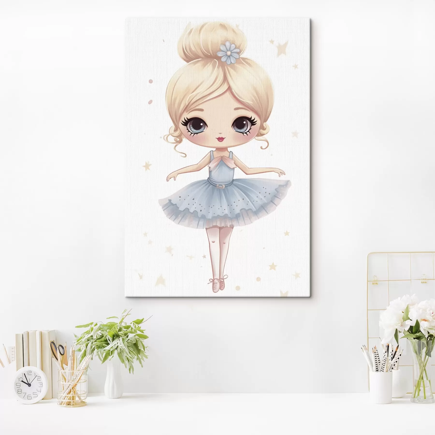 Wandbilder Ballerina-Puppe in einem blauen Kleid mit Schleife s45481