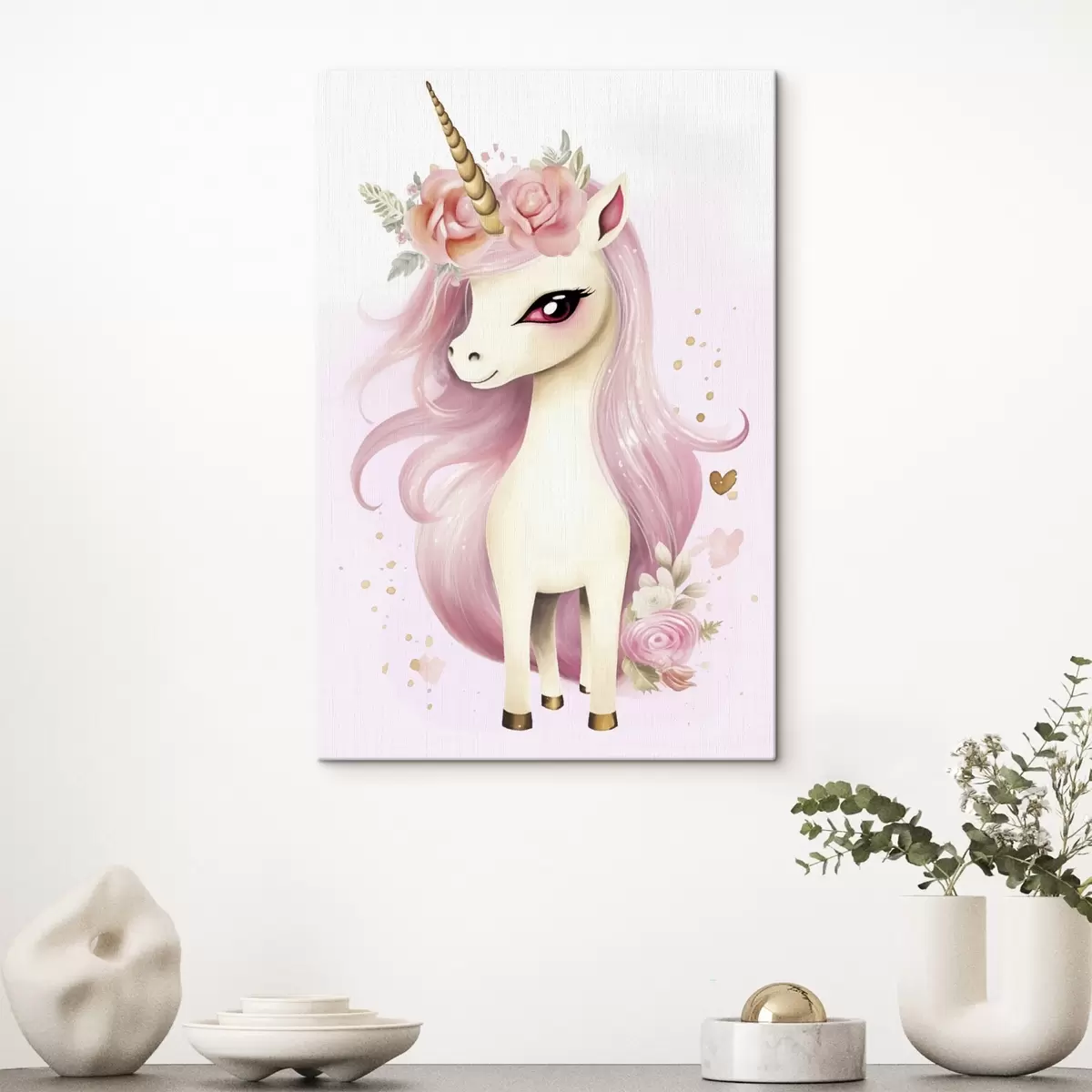 Wandbilder Einhorn mit rosa Mähne und Blumenkranz s45484
