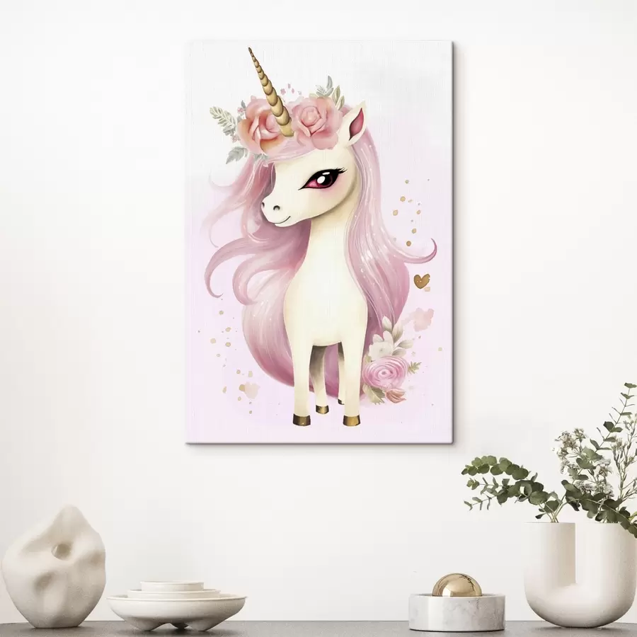 Wandbilder Einhorn mit rosa Mähne und Blumenkranz s45484