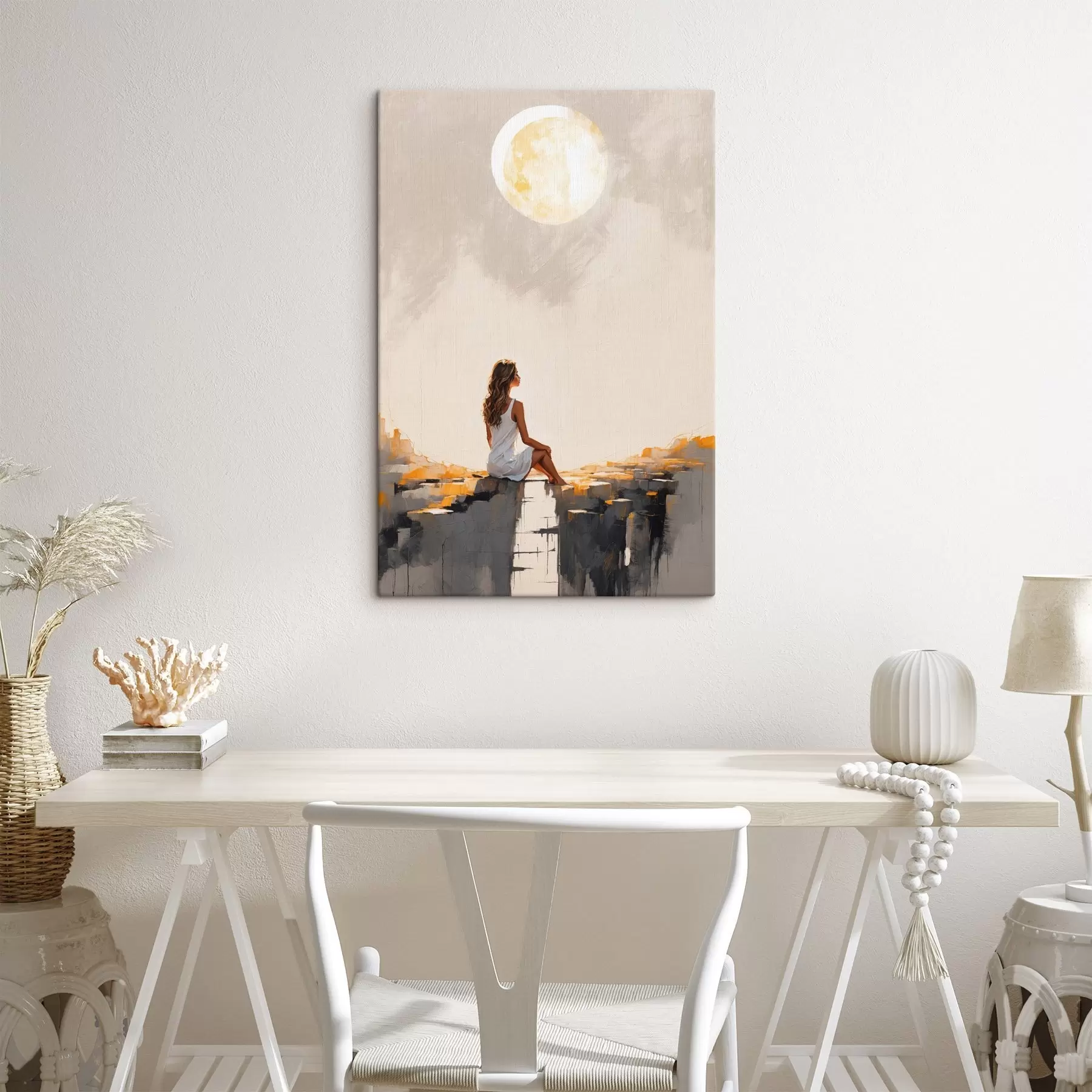 Wandbilder Mädchen im weißen Kleid sitzt unter einem großen Mond s45621