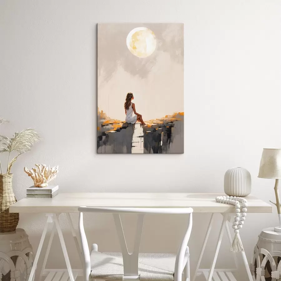 Wandbilder Mädchen im weißen Kleid sitzt unter einem großen Mond s45621