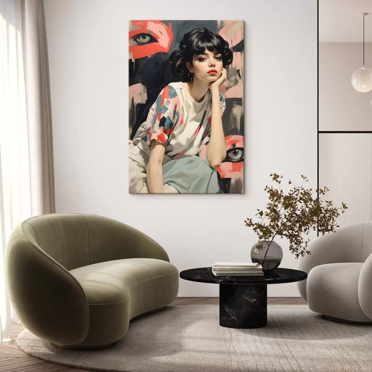 Wandbilder Porträt eines Mädchens vor einem Hintergrund mit Augen und abstrakten Strichen s45623