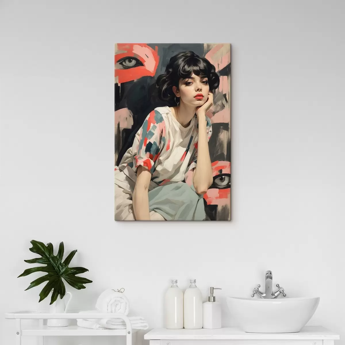 Wandbilder Porträt eines Mädchens vor einem Hintergrund mit Augen und abstrakten Strichen s45623