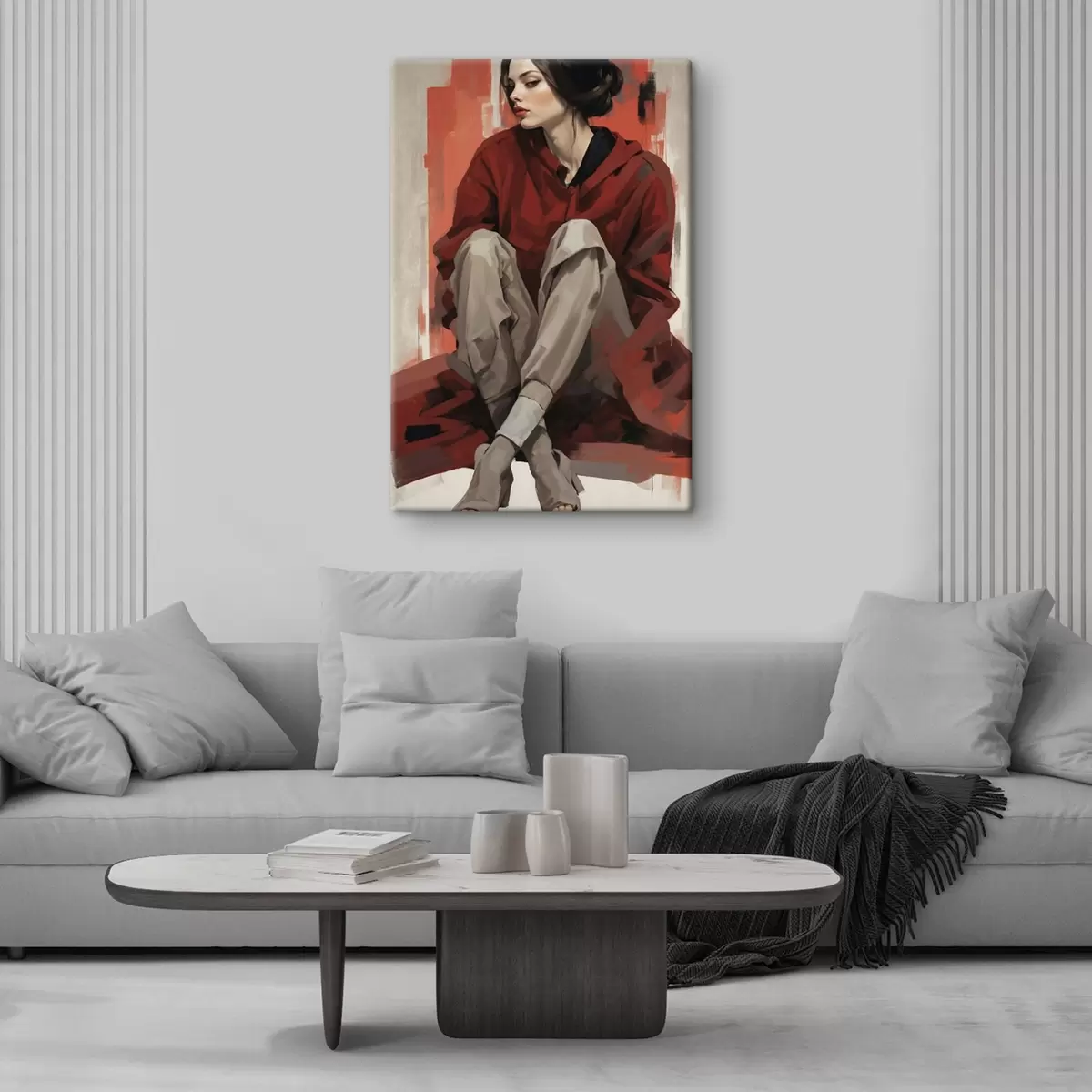 Wandbilder Mädchen in rotem Mantel sitzend mit verschränkten Beinen s45624