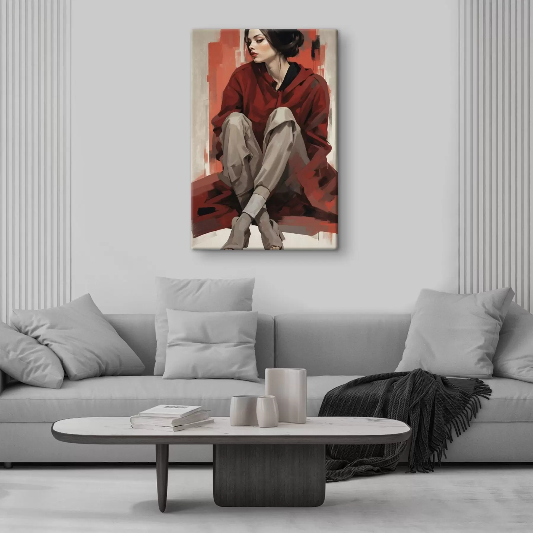 Wandbilder Mädchen in rotem Mantel sitzend mit verschränkten Beinen s45624