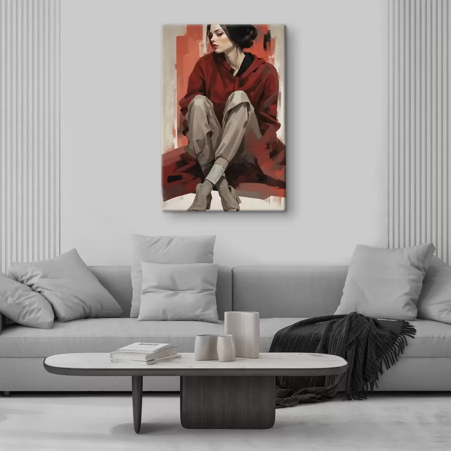 Wandbilder Mädchen in rotem Mantel sitzend mit verschränkten Beinen s45624