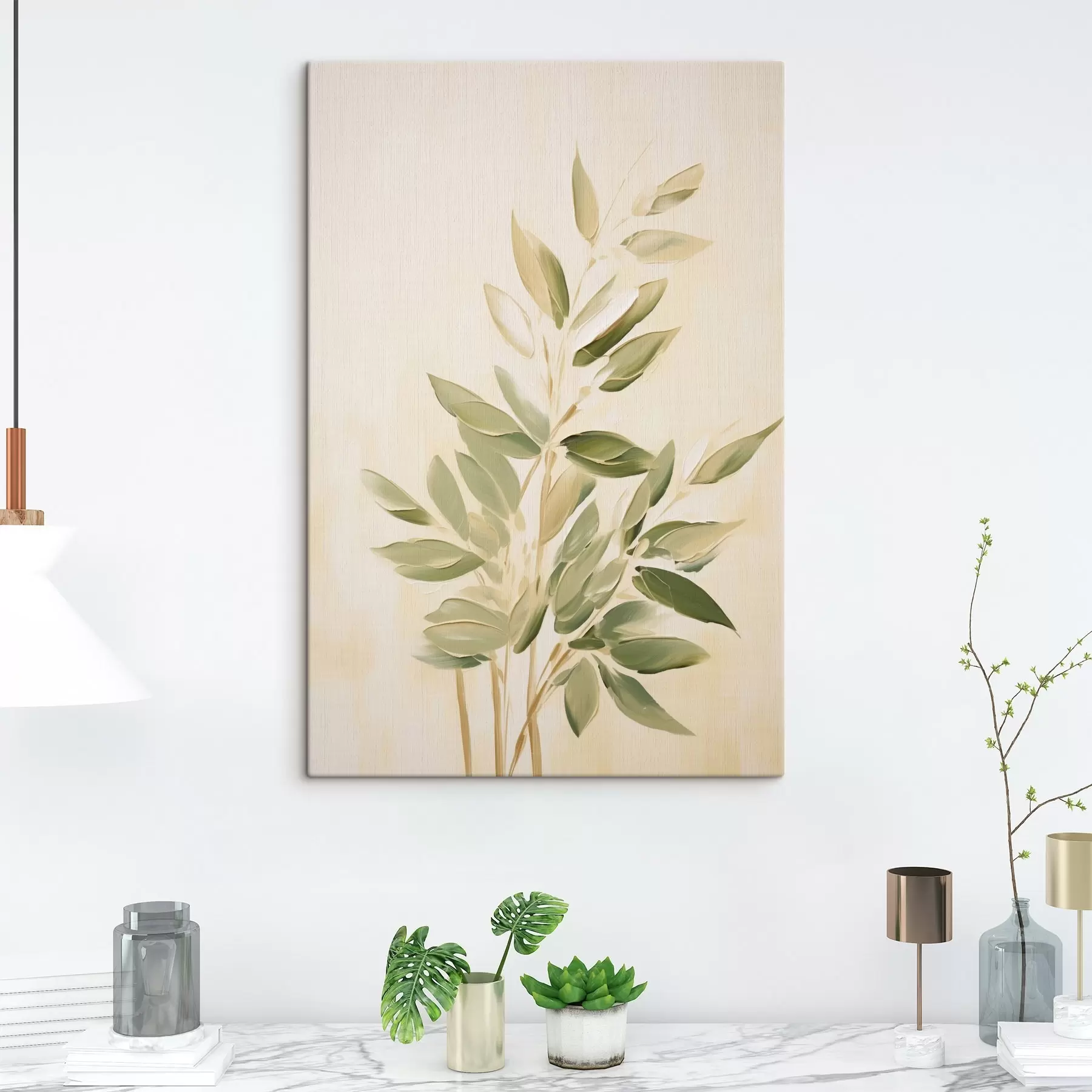 Wandbilder Zweig mit grünen Blättern auf einem hellbeigen Hintergrund s45689