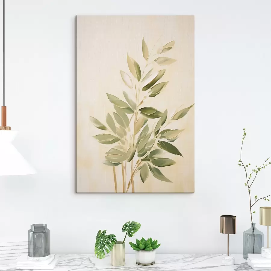 Wandbilder Zweig mit grünen Blättern auf einem hellbeigen Hintergrund s45689