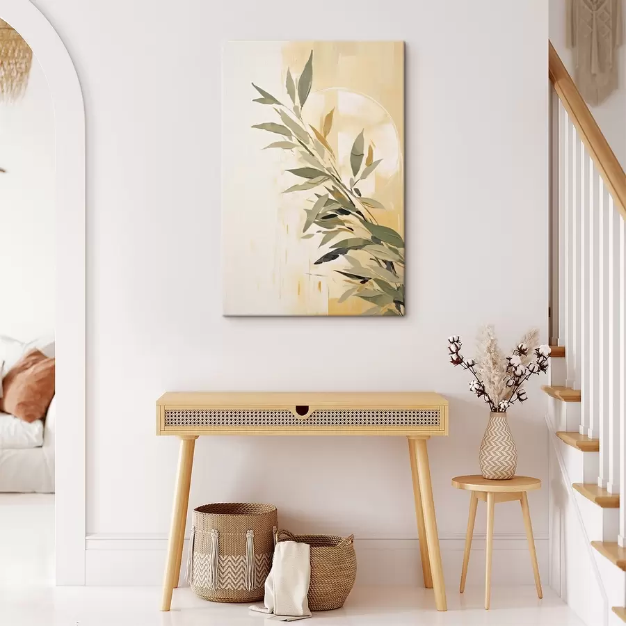 Wandbilder Botanischer Zweig mit grünen Blättern auf einem warmen Hintergrund s45690